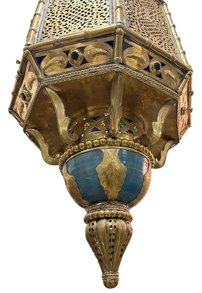 Ornate Filigree Brass and Ceramic Inlay Chandelier
