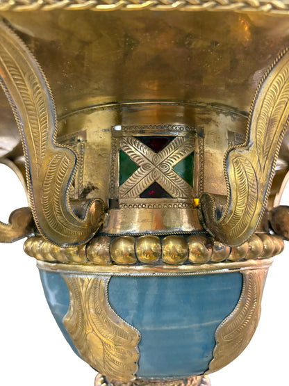 Ornate Filigree Brass and Ceramic Inlay Chandelier