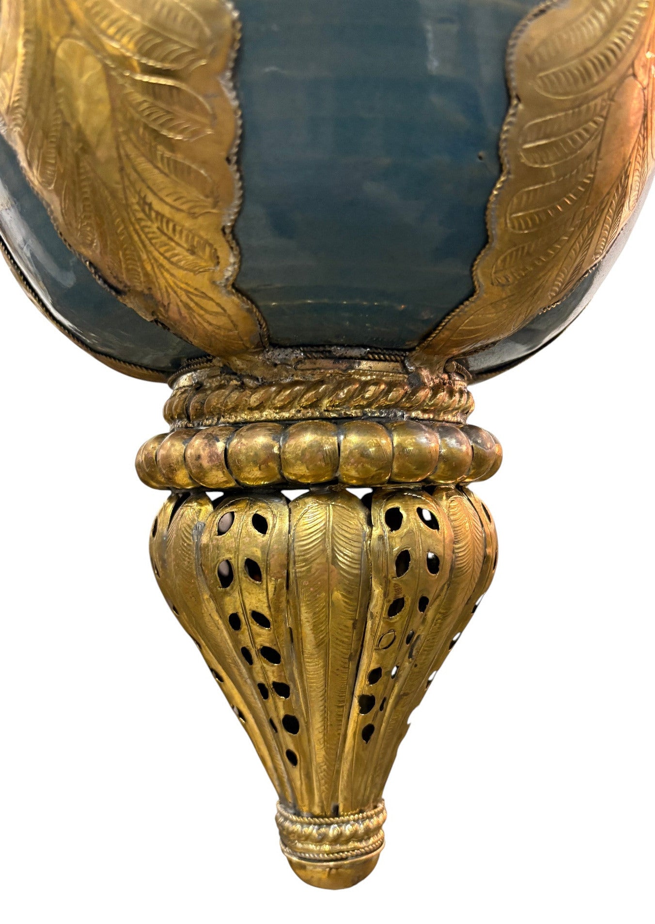 Ornate Filigree Brass and Ceramic Inlay Chandelier