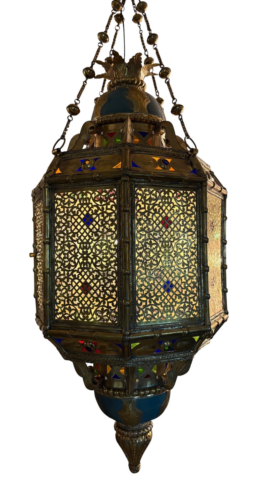 Ornate Filigree Brass and Ceramic Inlay Chandelier