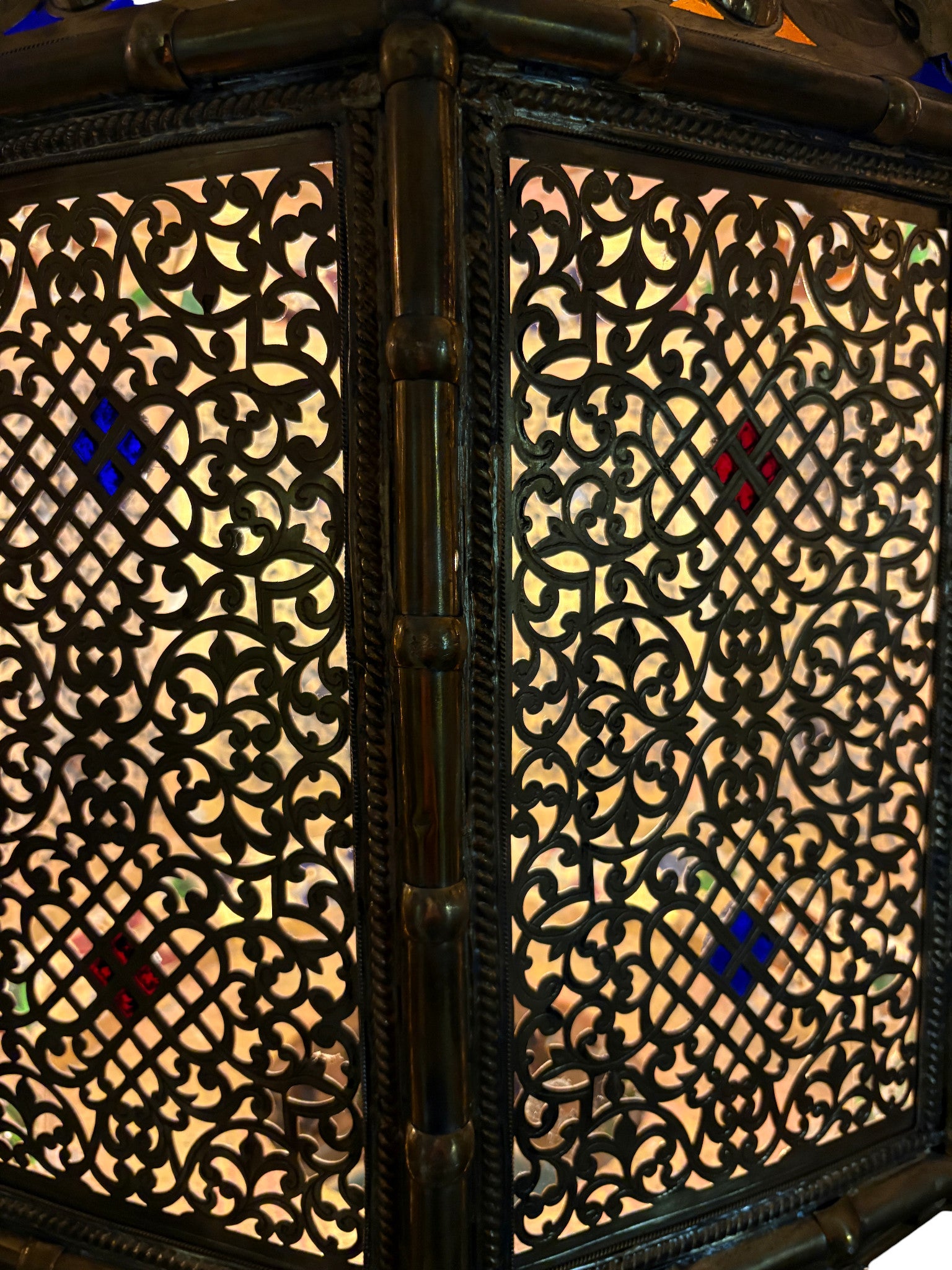 Ornate Filigree Brass and Ceramic Inlay Chandelier