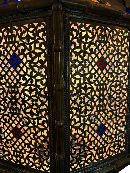 Ornate Filigree Brass and Ceramic Inlay Chandelier