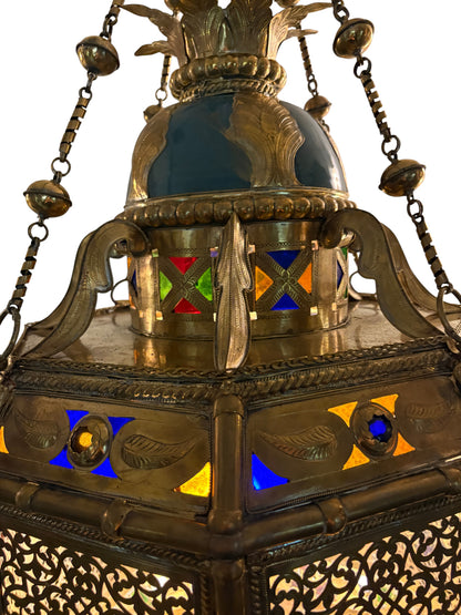 Ornate Filigree Brass and Ceramic Inlay Chandelier