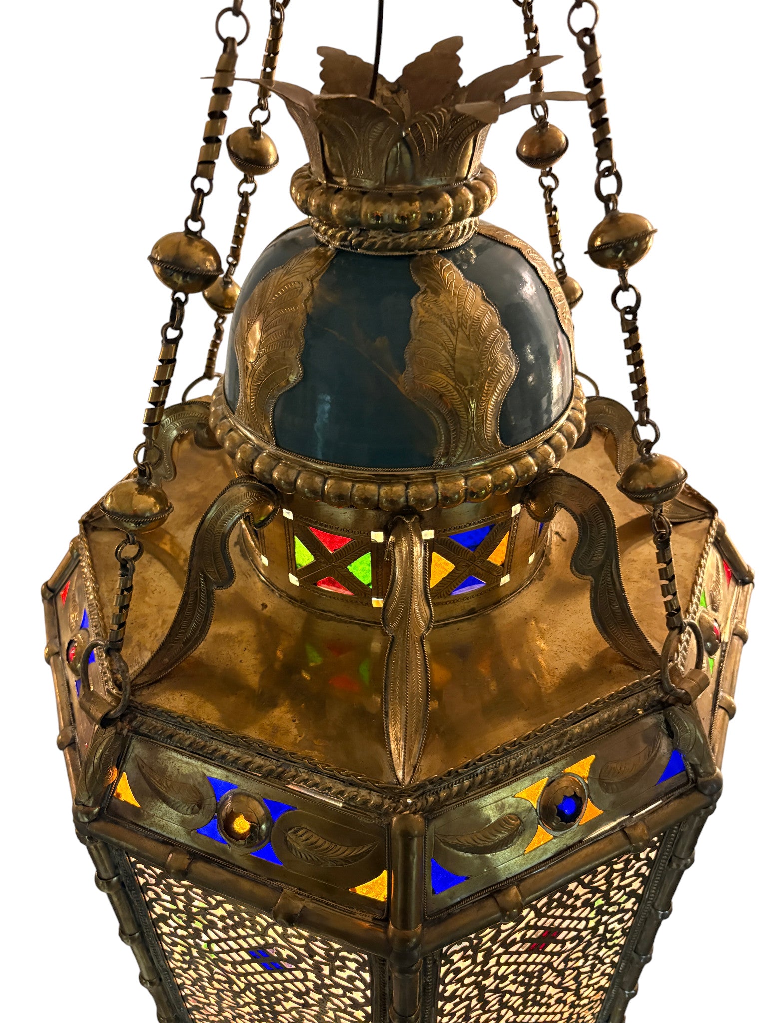 Ornate Filigree Brass and Ceramic Inlay Chandelier