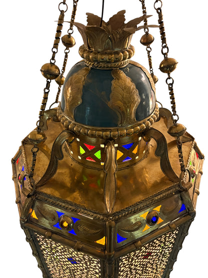 Ornate Filigree Brass and Ceramic Inlay Chandelier