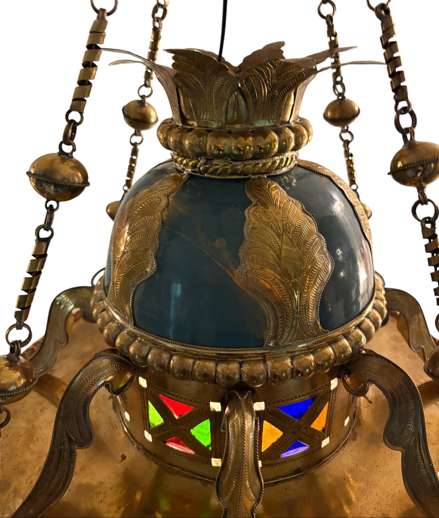 Ornate Filigree Brass and Ceramic Inlay Chandelier