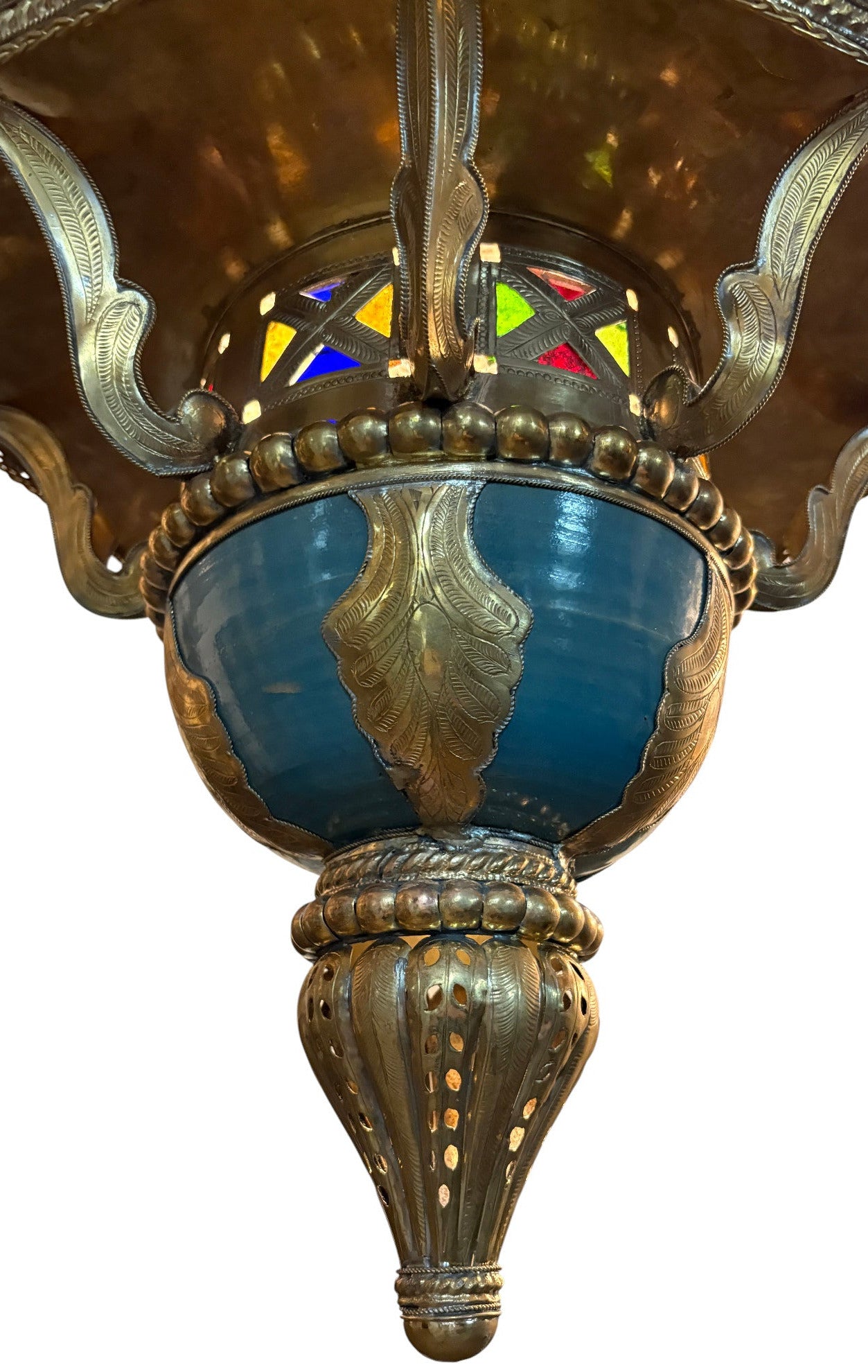 Ornate Filigree Brass and Ceramic Inlay Chandelier