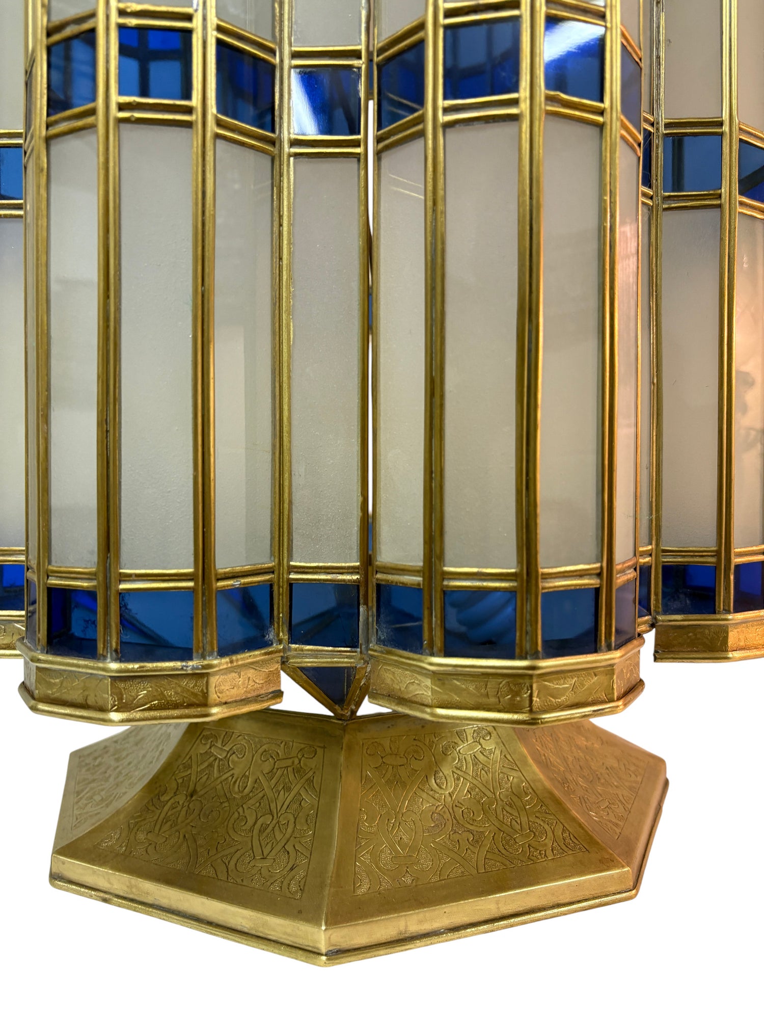 Large Blue and White Glass Brass Lantern