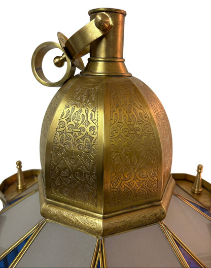Large Blue and White Glass Brass Lantern