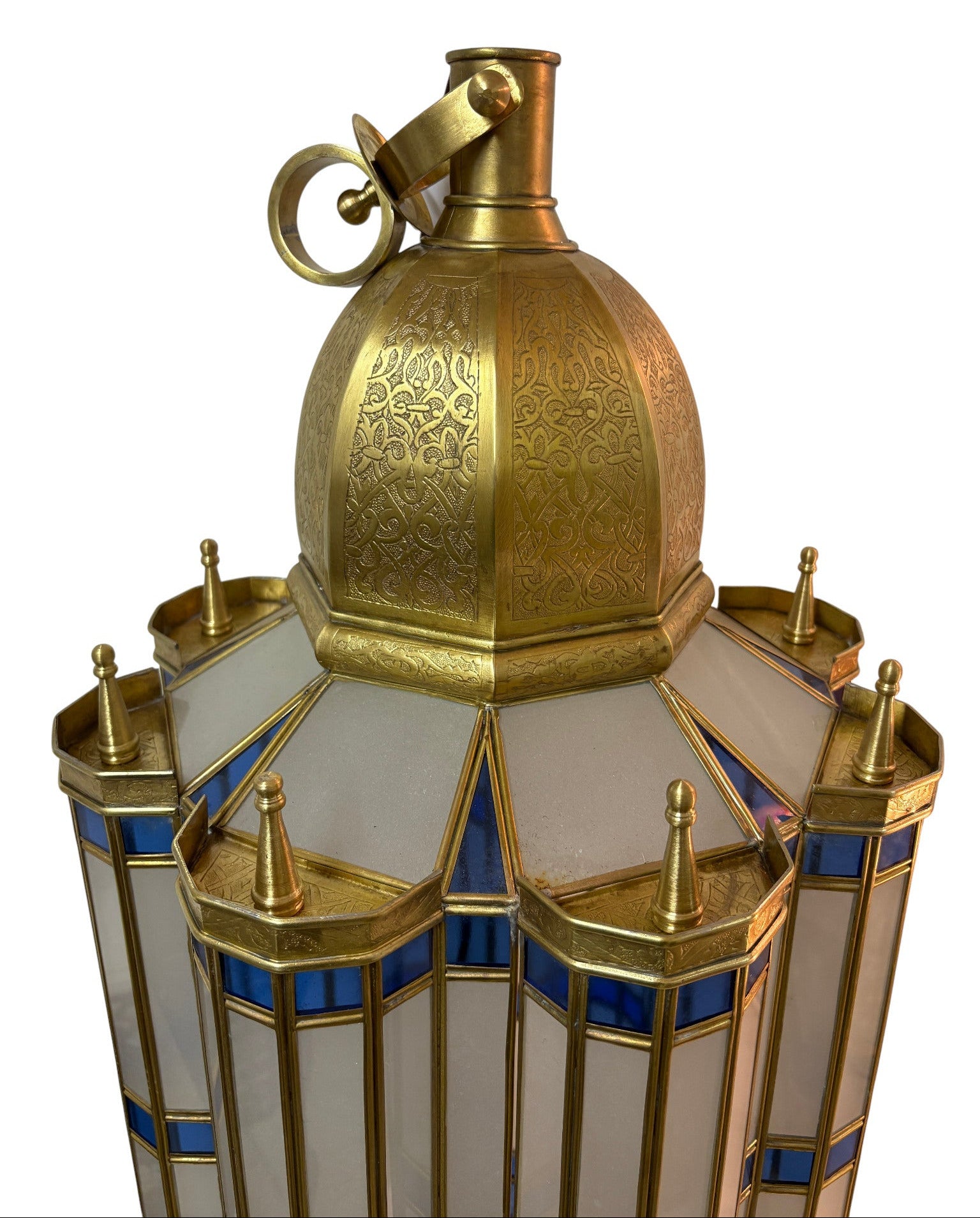 Large Blue and White Glass Brass Lantern