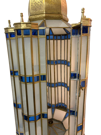 Large Blue and White Glass Brass Lantern