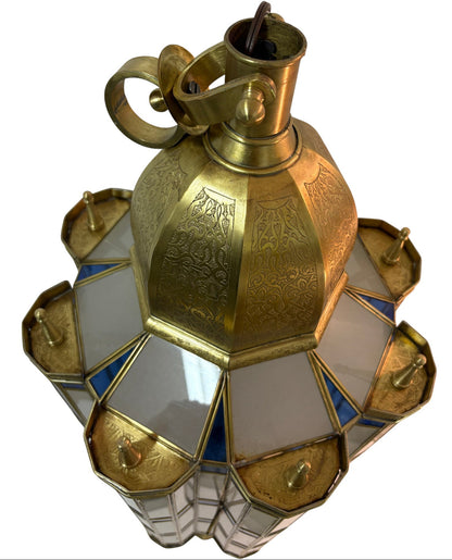 Large Blue and White Glass Brass Lantern