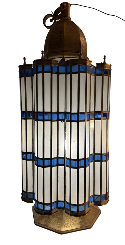 Large Blue and White Glass Brass Lantern