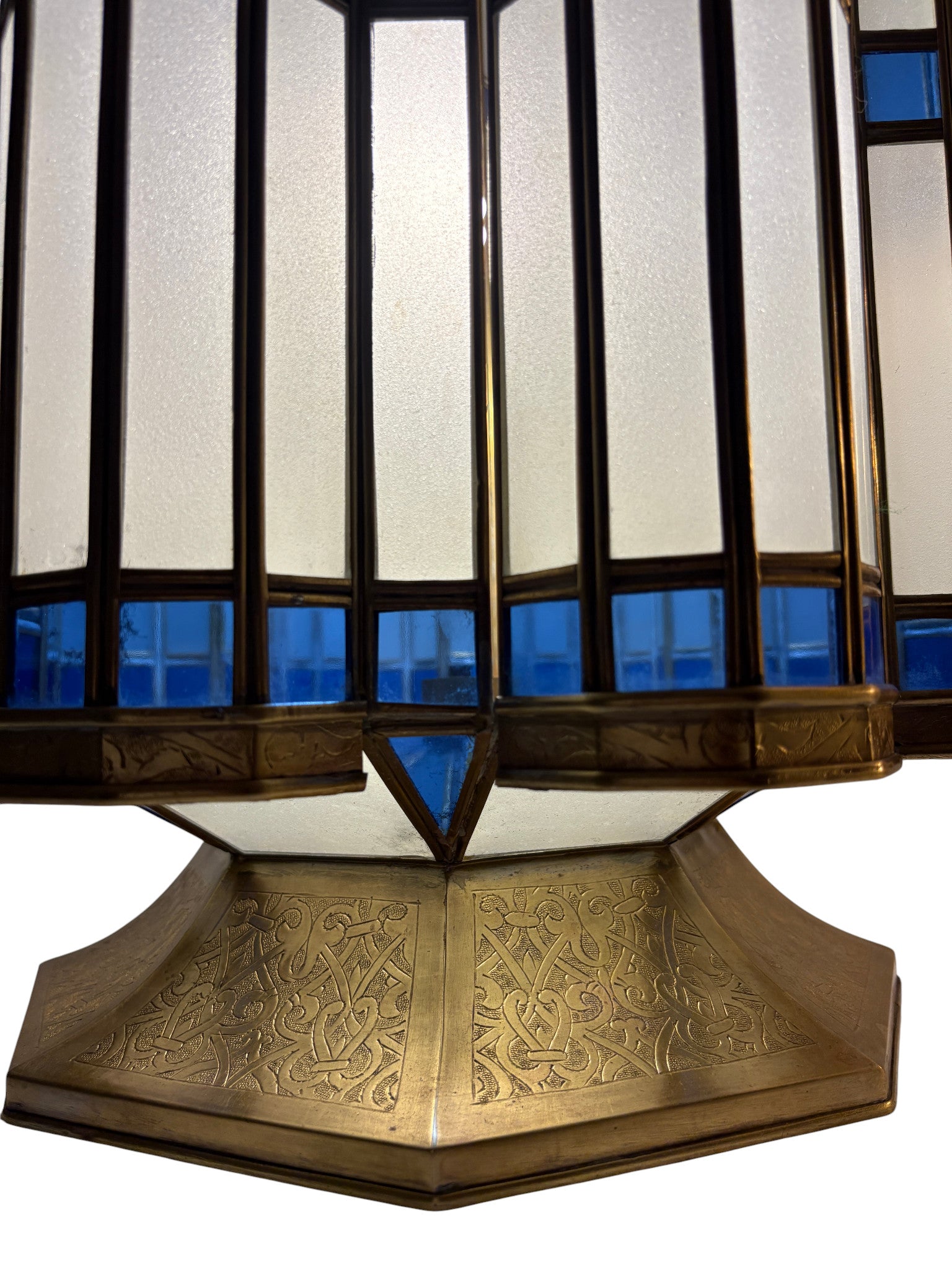 Large Blue and White Glass Brass Lantern