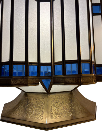Large Blue and White Glass Brass Lantern