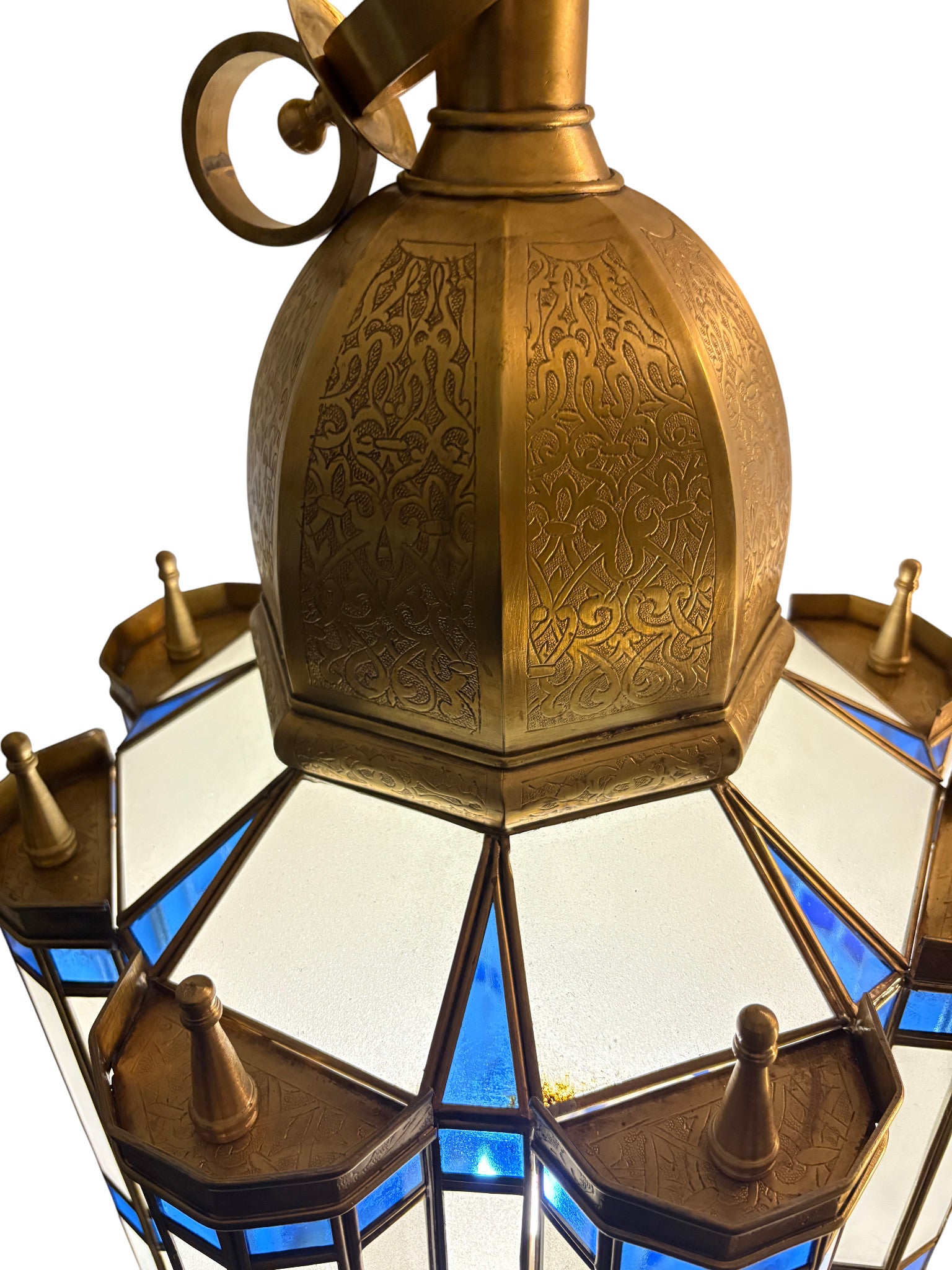 Large Blue and White Glass Brass Lantern