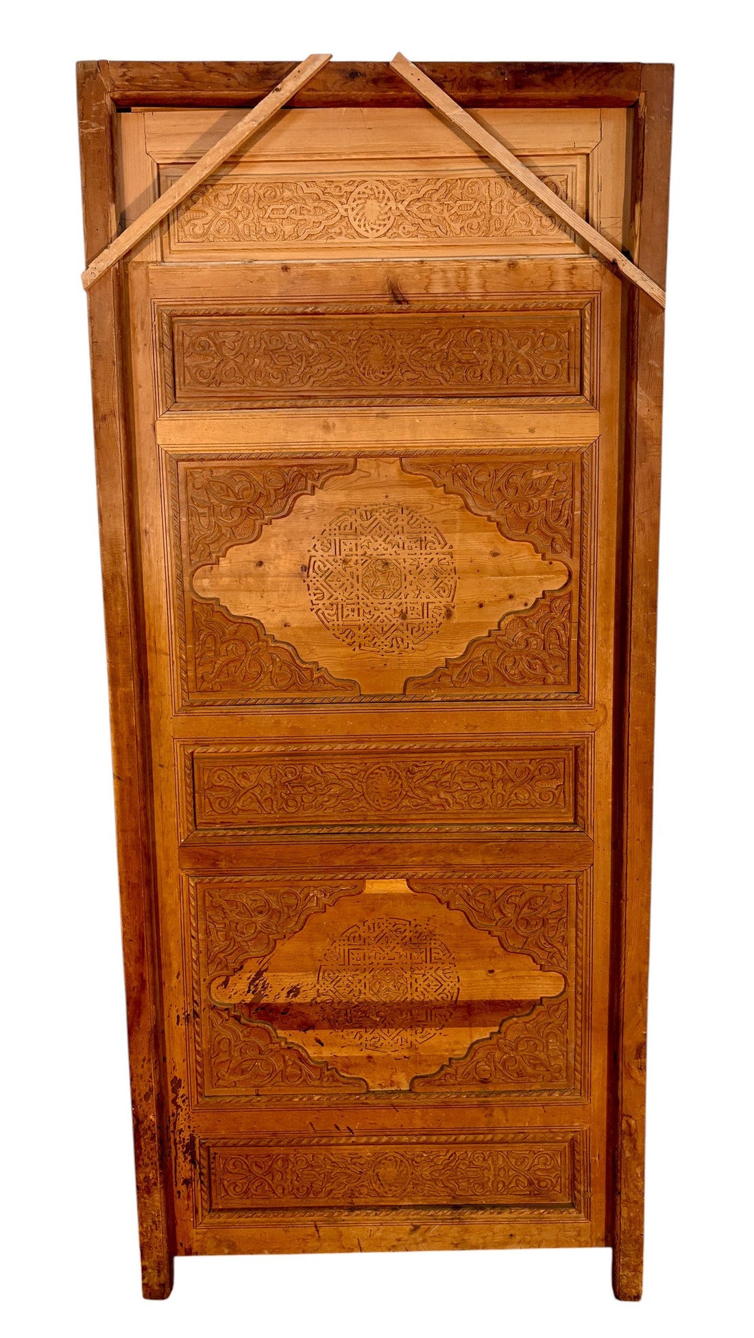 Antique Hand-Carved Moroccan Cedar Door with Cartouche Medallions