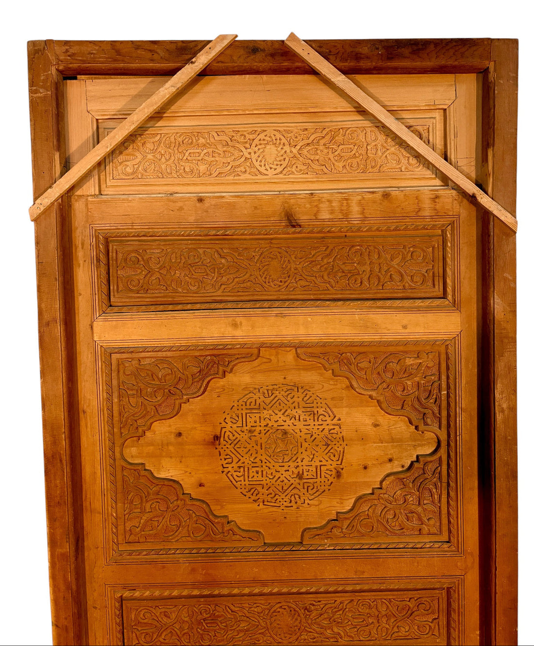 Antique Hand-Carved Moroccan Cedar Door with Cartouche Medallions