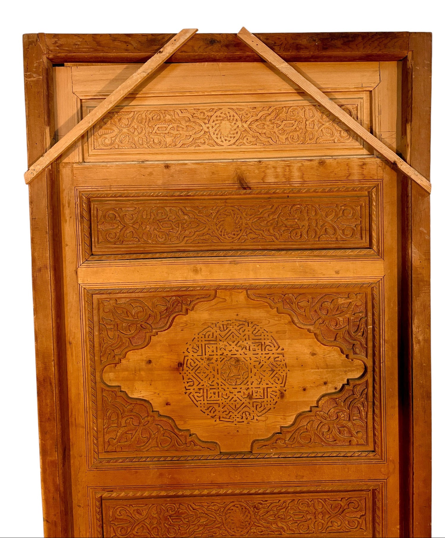 Antique Hand-Carved Moroccan Cedar Door with Cartouche Medallions