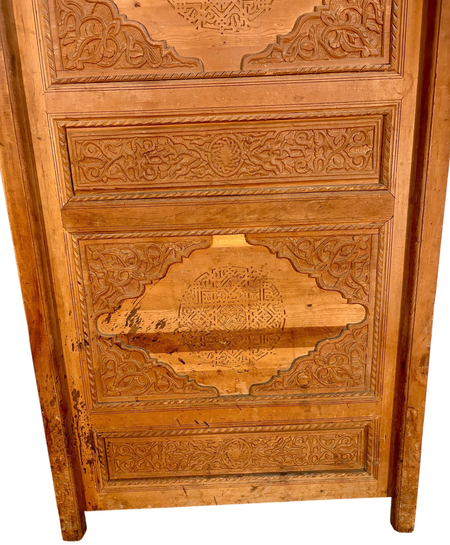 Antique Hand-Carved Moroccan Cedar Door with Cartouche Medallions