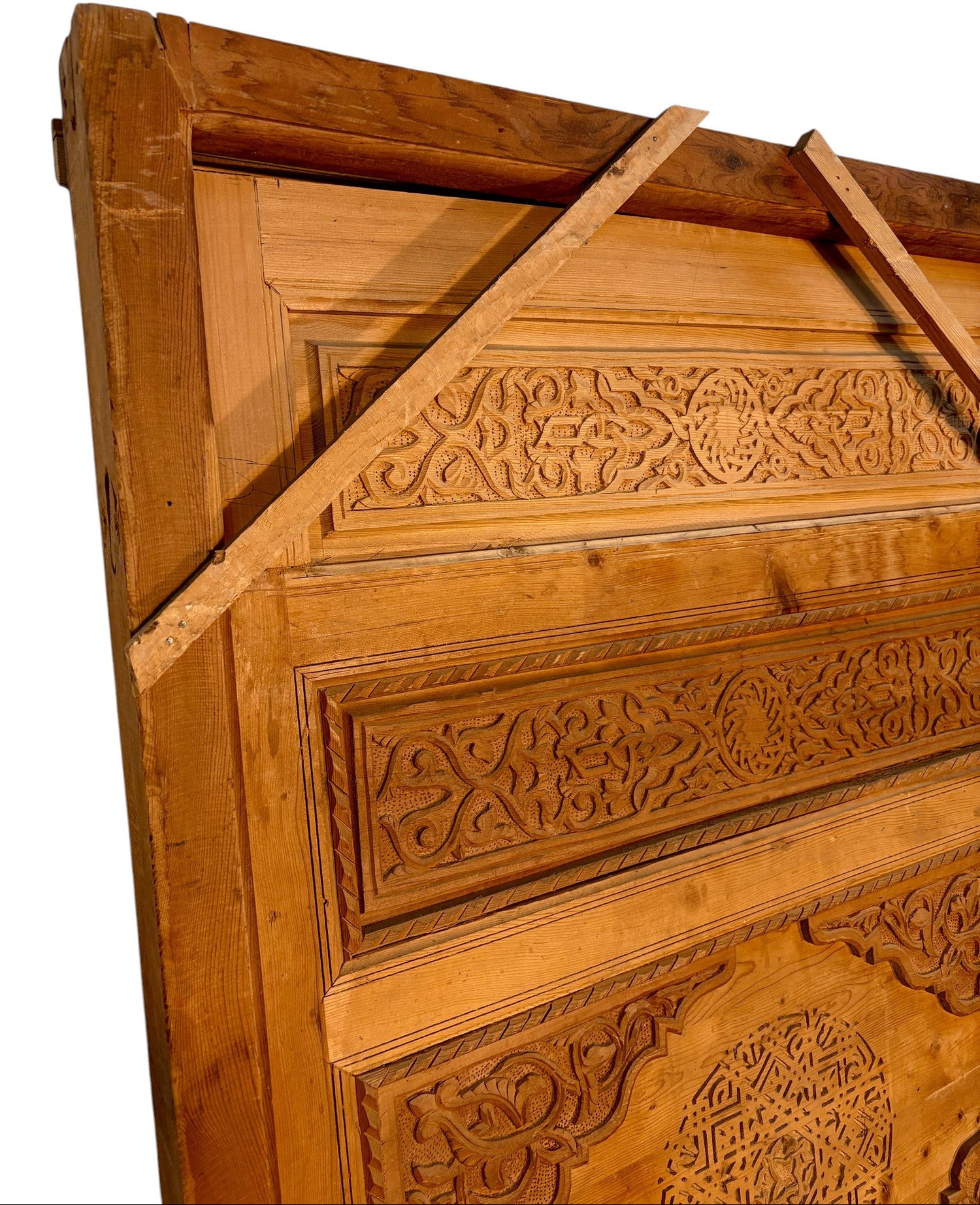 Antique Hand-Carved Moroccan Cedar Door with Cartouche Medallions