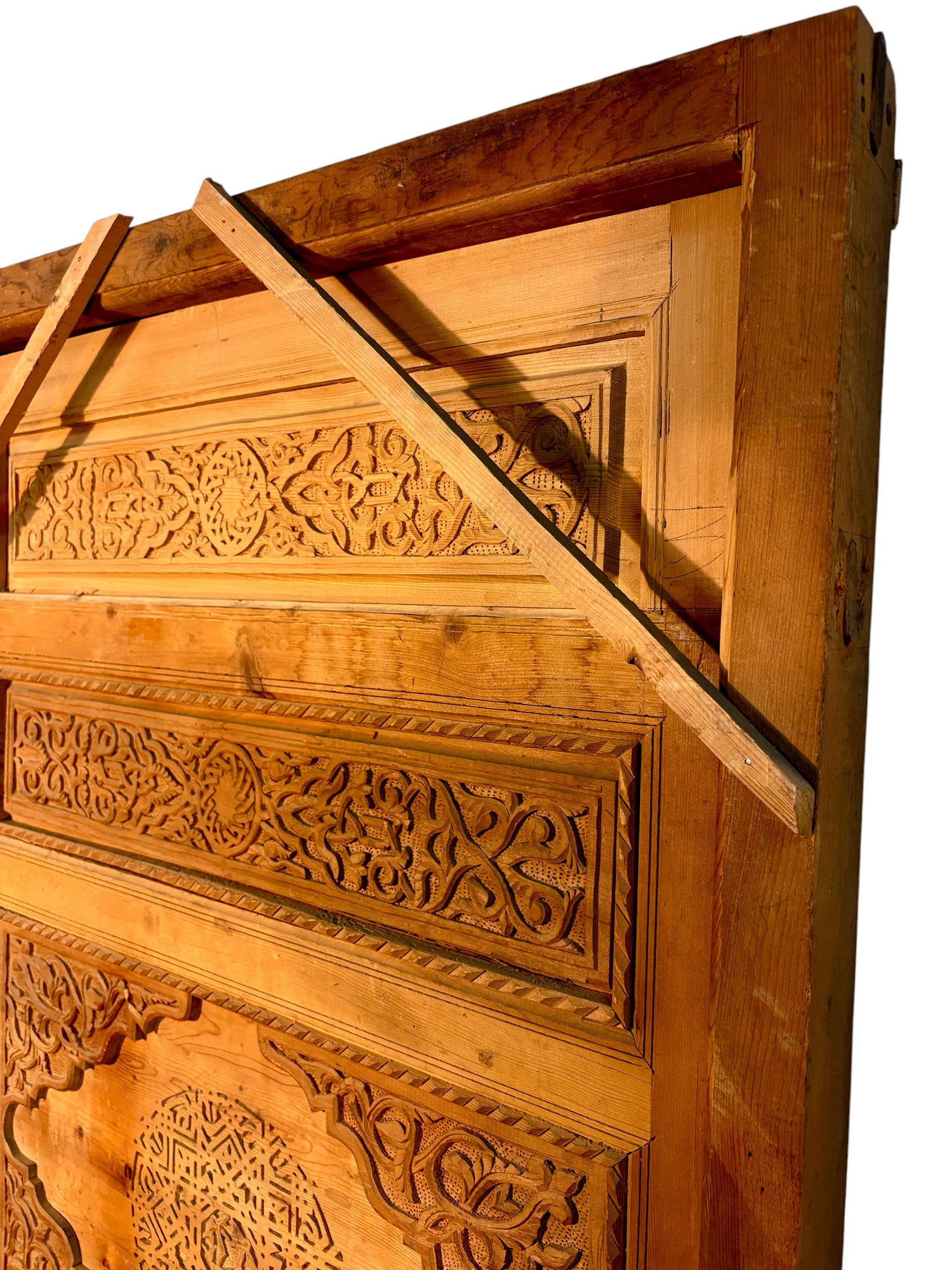 Antique Hand-Carved Moroccan Cedar Door with Cartouche Medallions