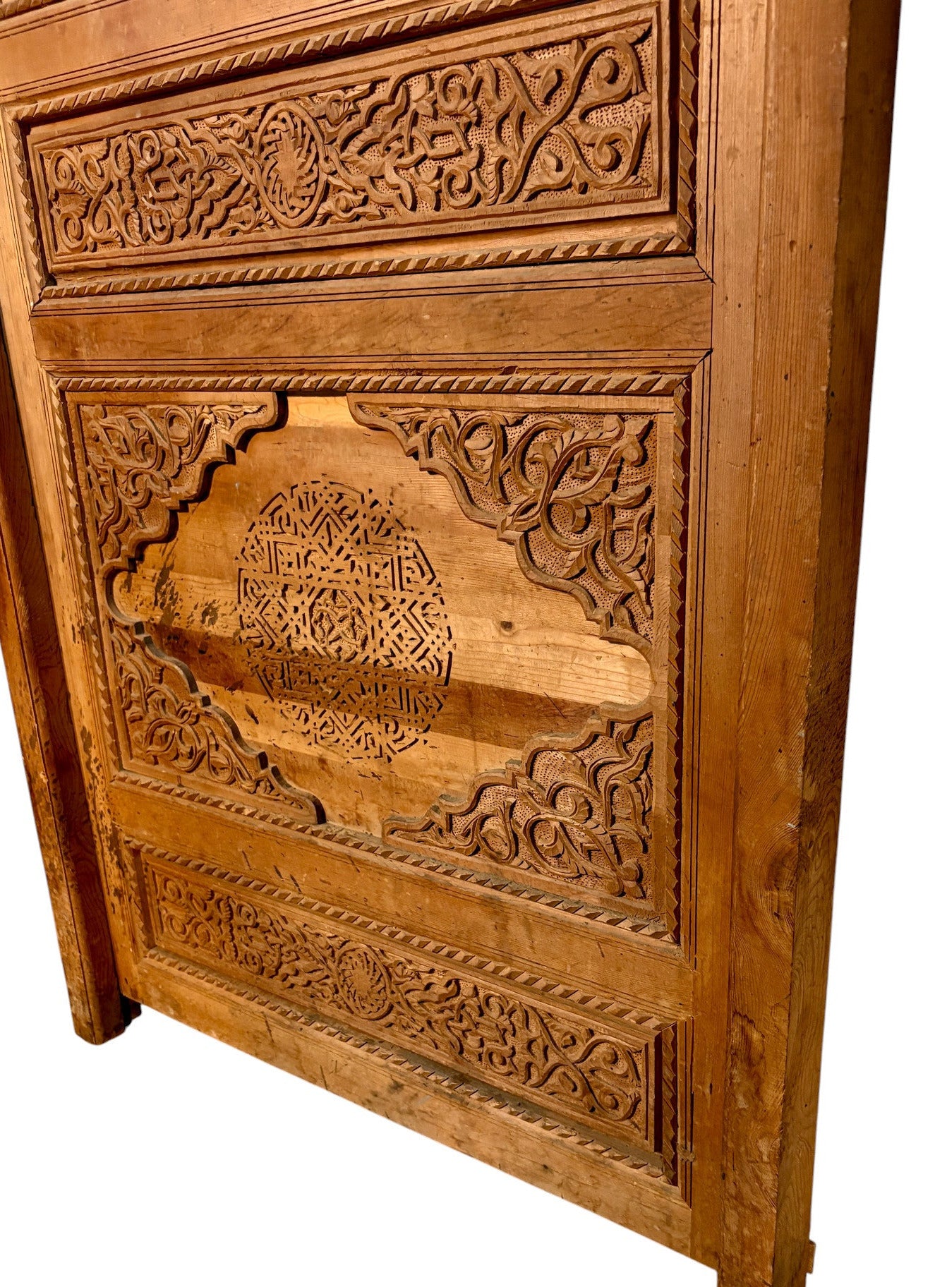 Antique Hand-Carved Moroccan Cedar Door with Cartouche Medallions