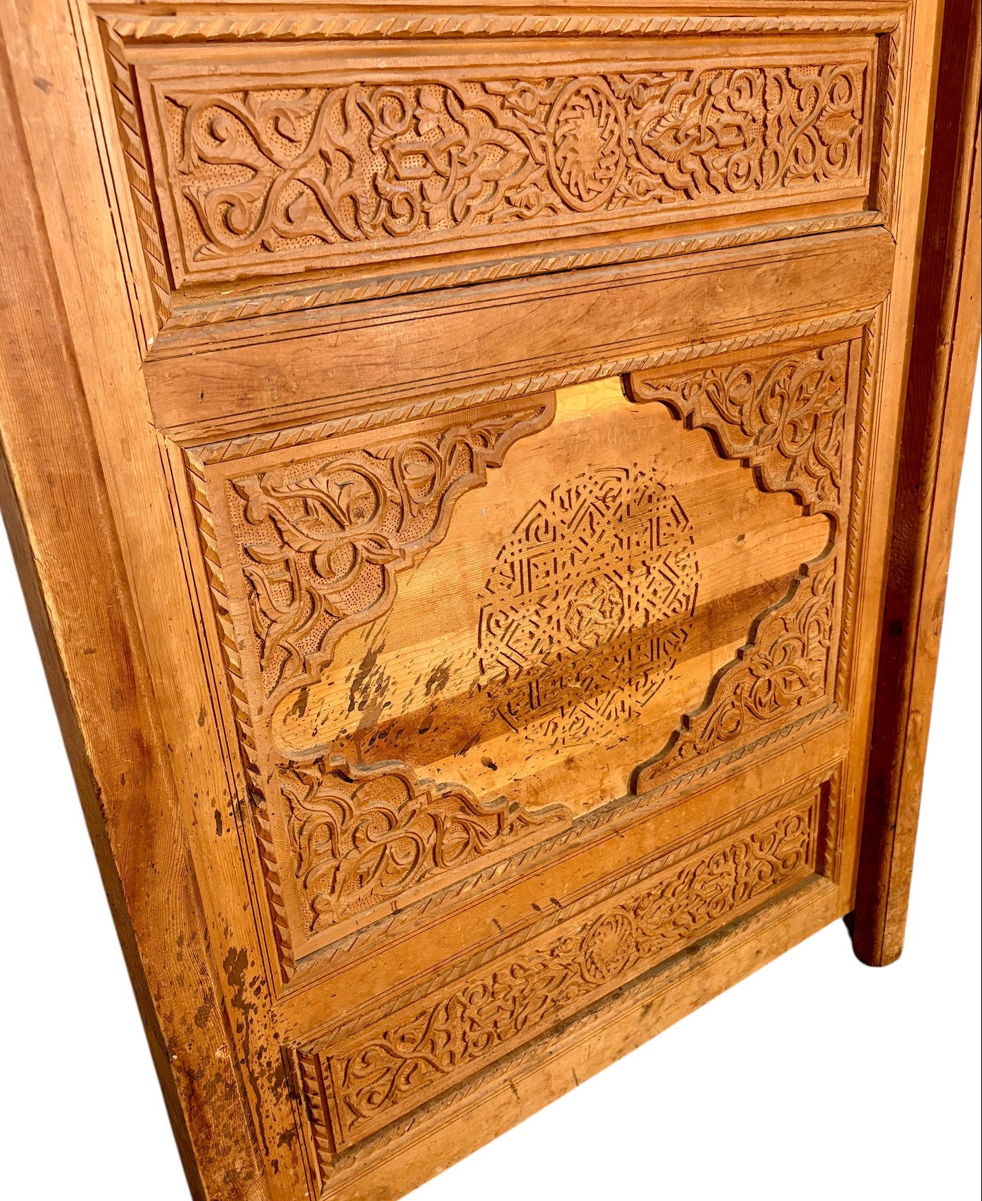 Antique Hand-Carved Moroccan Cedar Door with Cartouche Medallions
