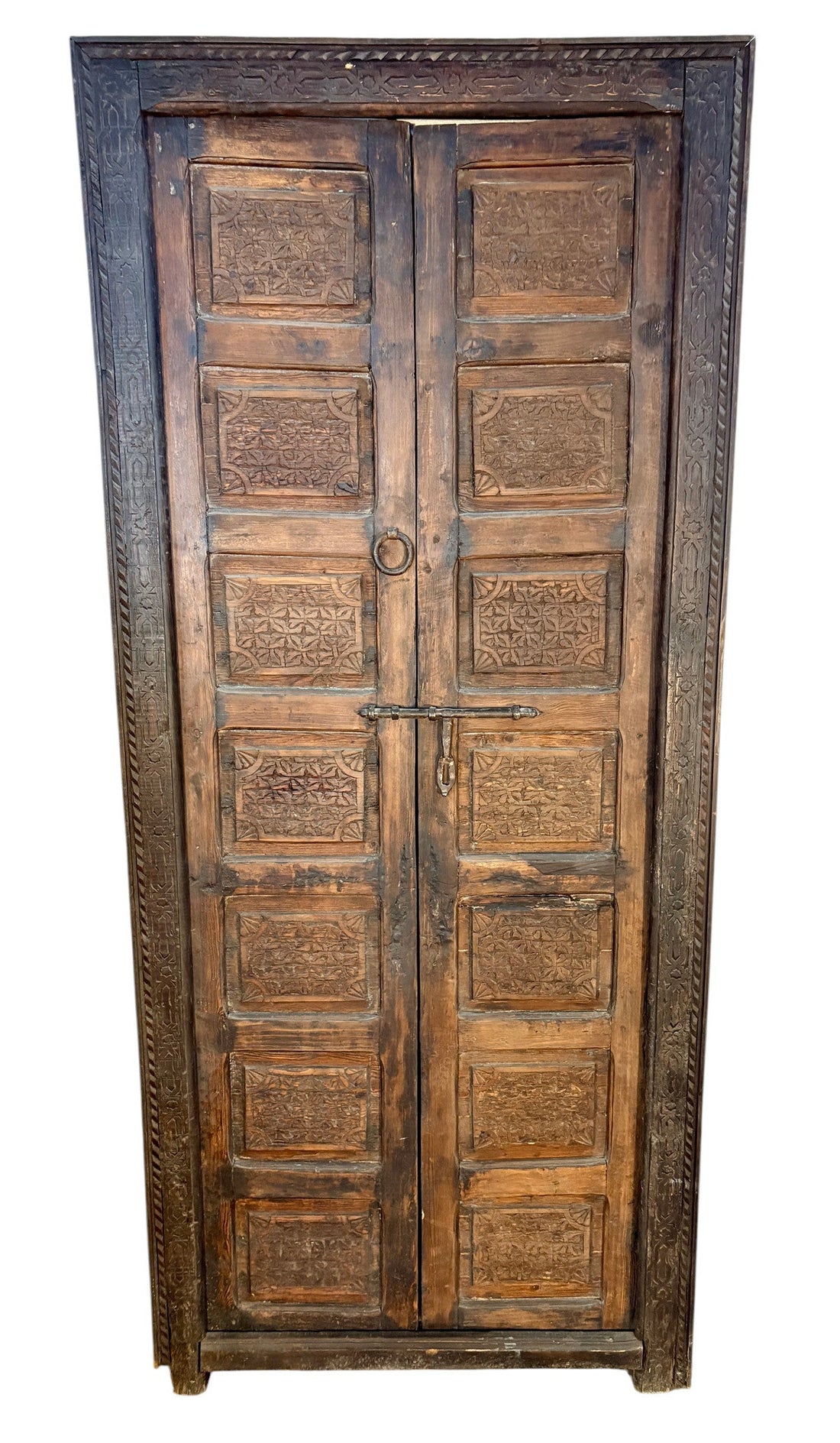 Antique Moroccan Double Doors with Carved Panels and Iron Hardware