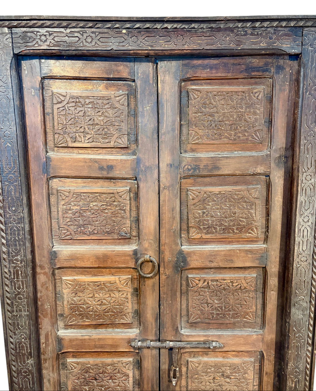 Antique Moroccan Double Doors with Carved Panels and Iron Hardware