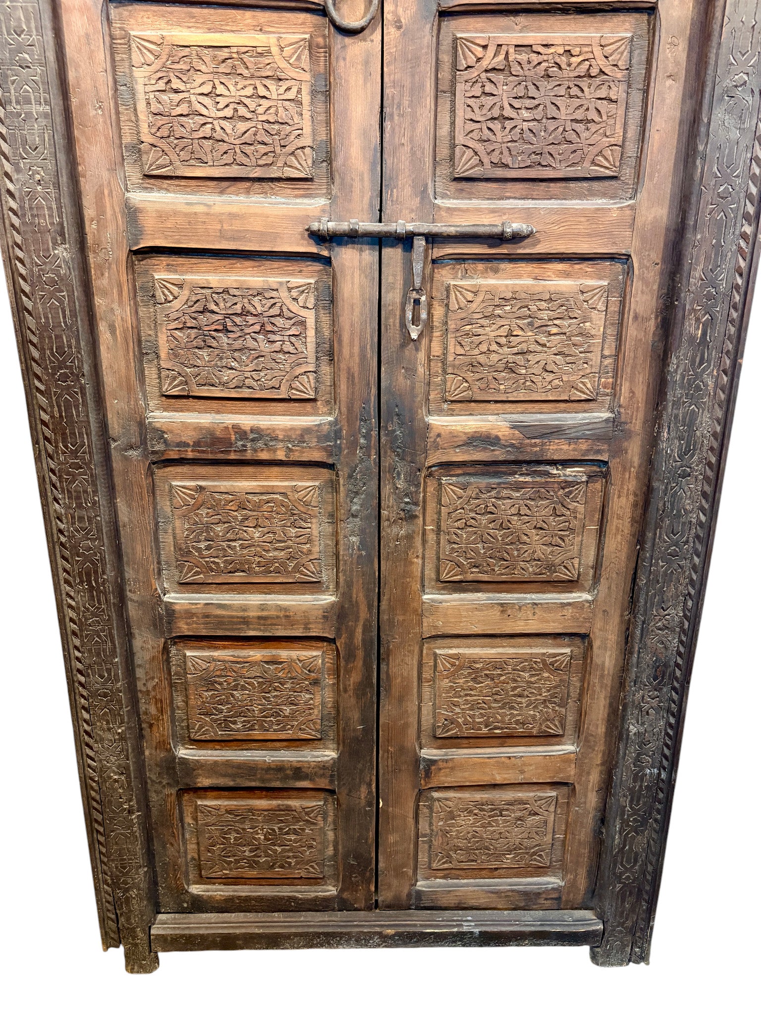 Antique Moroccan Double Doors with Carved Panels and Iron Hardware