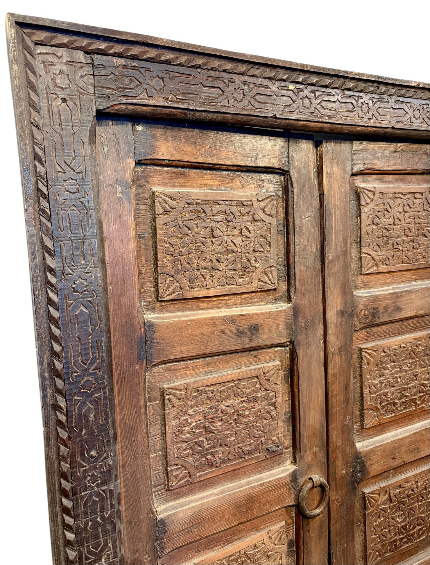 Antique Moroccan Double Doors with Carved Panels and Iron Hardware