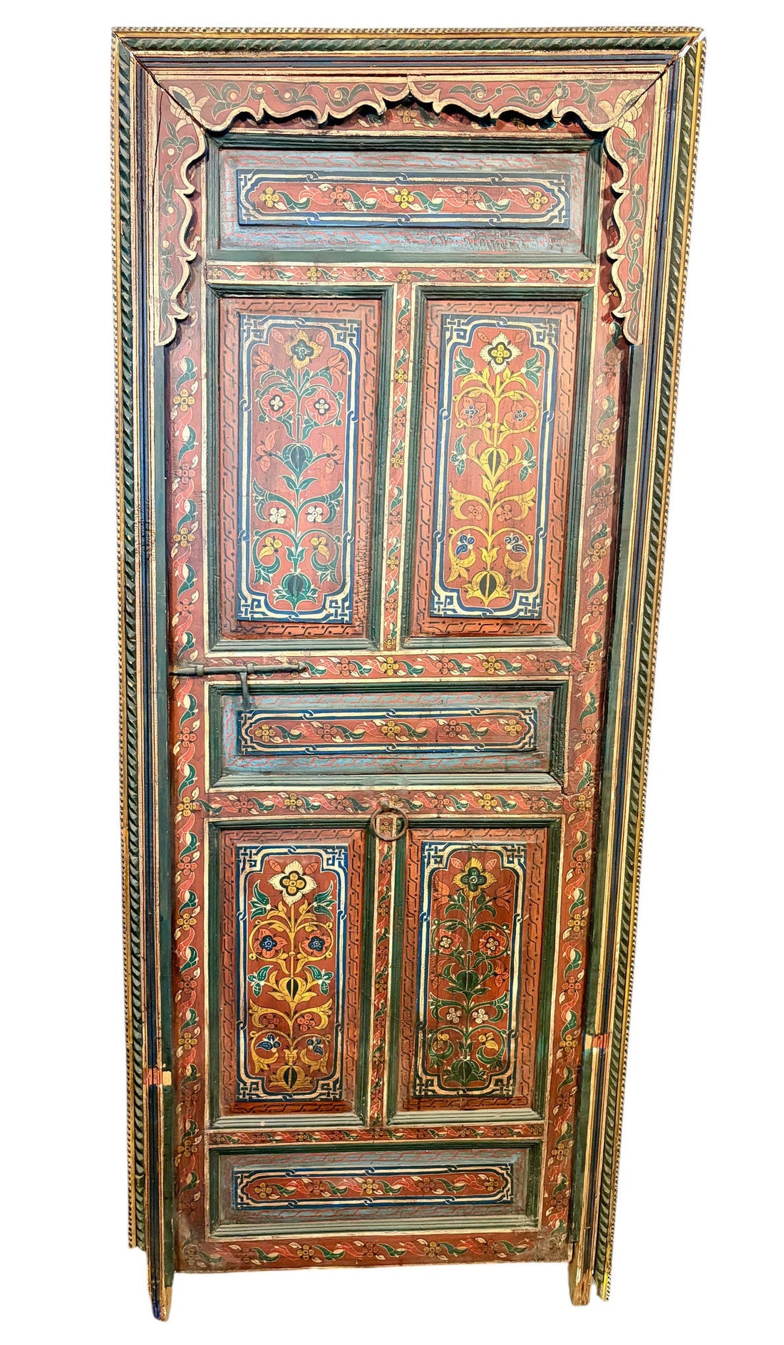 Antique Hand-Painted Moroccan Door with Floral Panels and Scalloped Valance