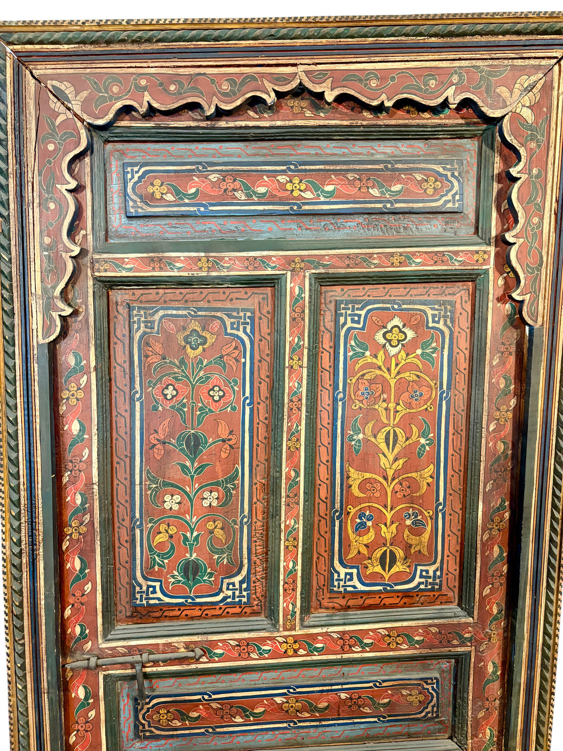 Antique Hand-Painted Moroccan Door with Floral Panels and Scalloped Valance