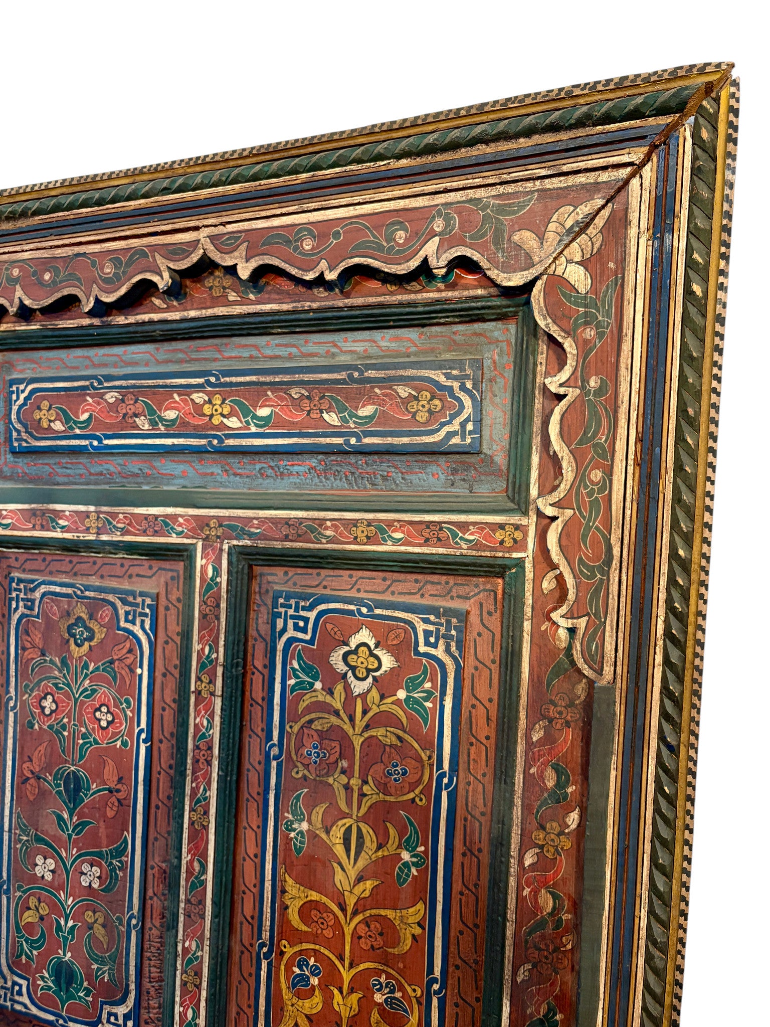 Antique Hand-Painted Moroccan Door with Floral Panels and Scalloped Valance