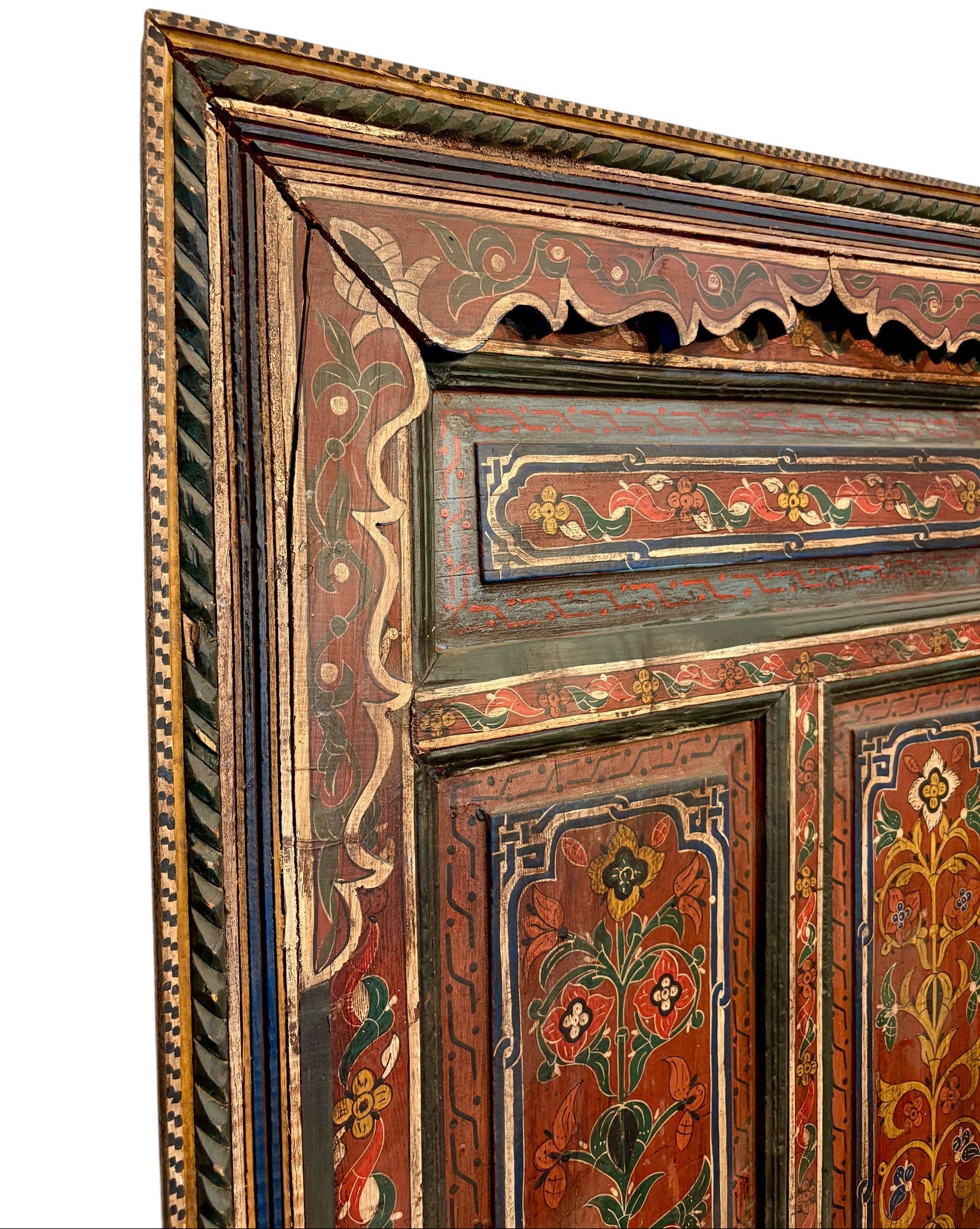 Antique Hand-Painted Moroccan Door with Floral Panels and Scalloped Valance