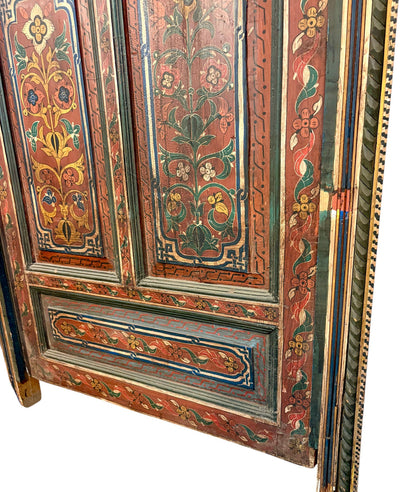 Antique Hand-Painted Moroccan Door with Floral Panels and Scalloped Valance
