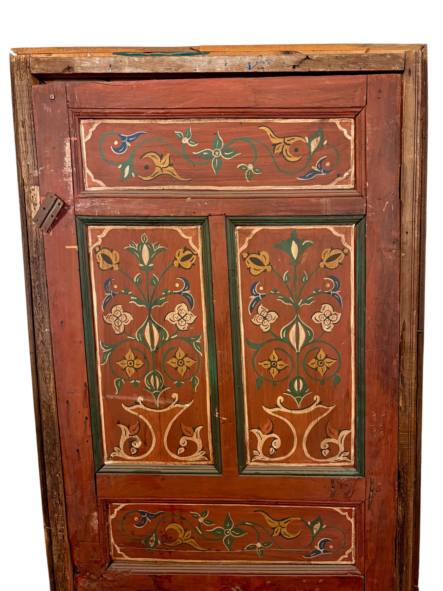 Antique Hand-Painted Moroccan Door with Floral Panels and Scalloped Valance