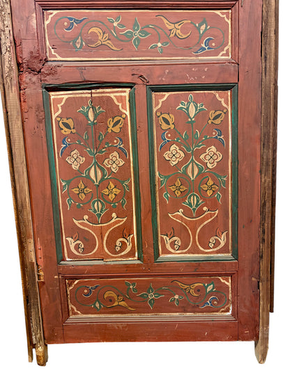 Antique Hand-Painted Moroccan Door with Floral Panels and Scalloped Valance