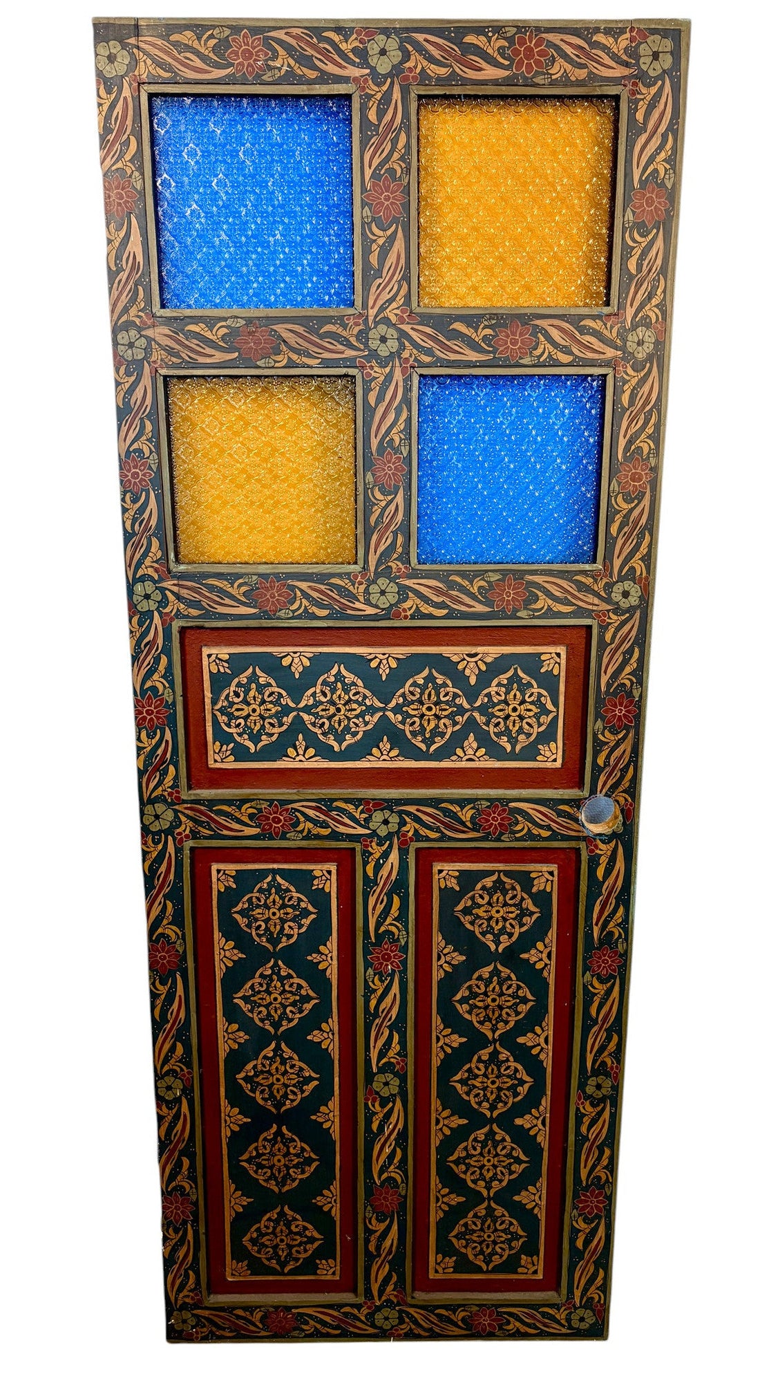 Antique Hand-Painted Moroccan Door with Stained Glass Panels