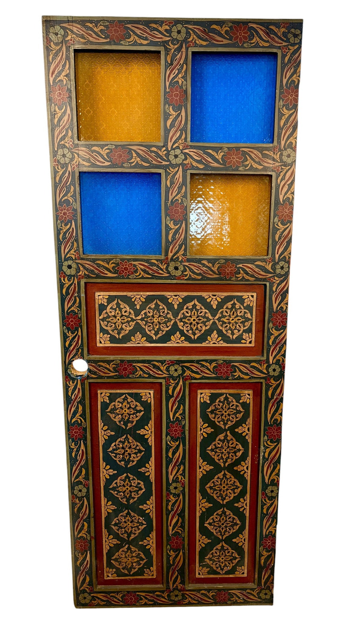 Antique Hand-Painted Moroccan Door with Stained Glass Panels