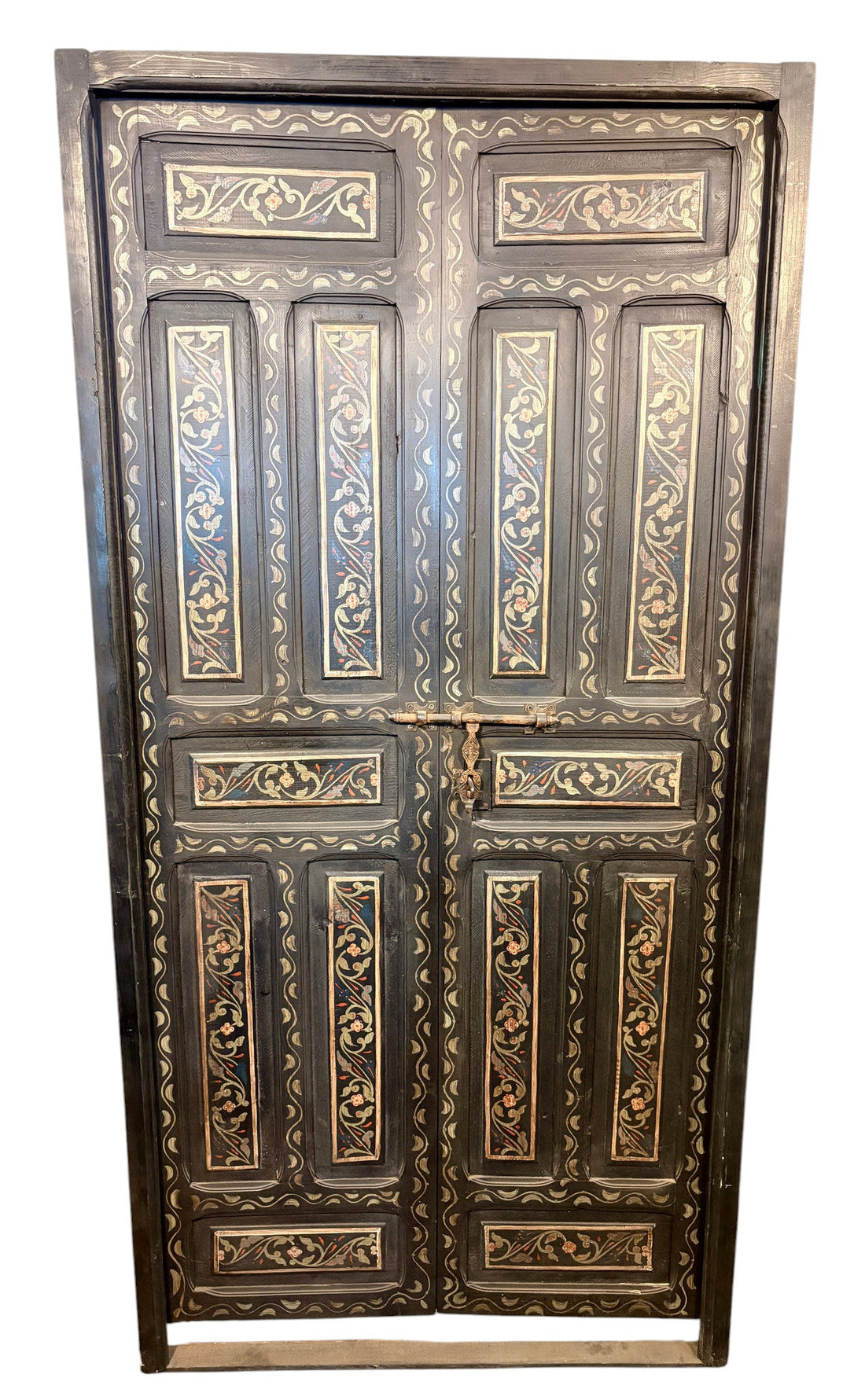 Antique Hand-Painted Moroccan Double Doors in Black with Floral Motifs