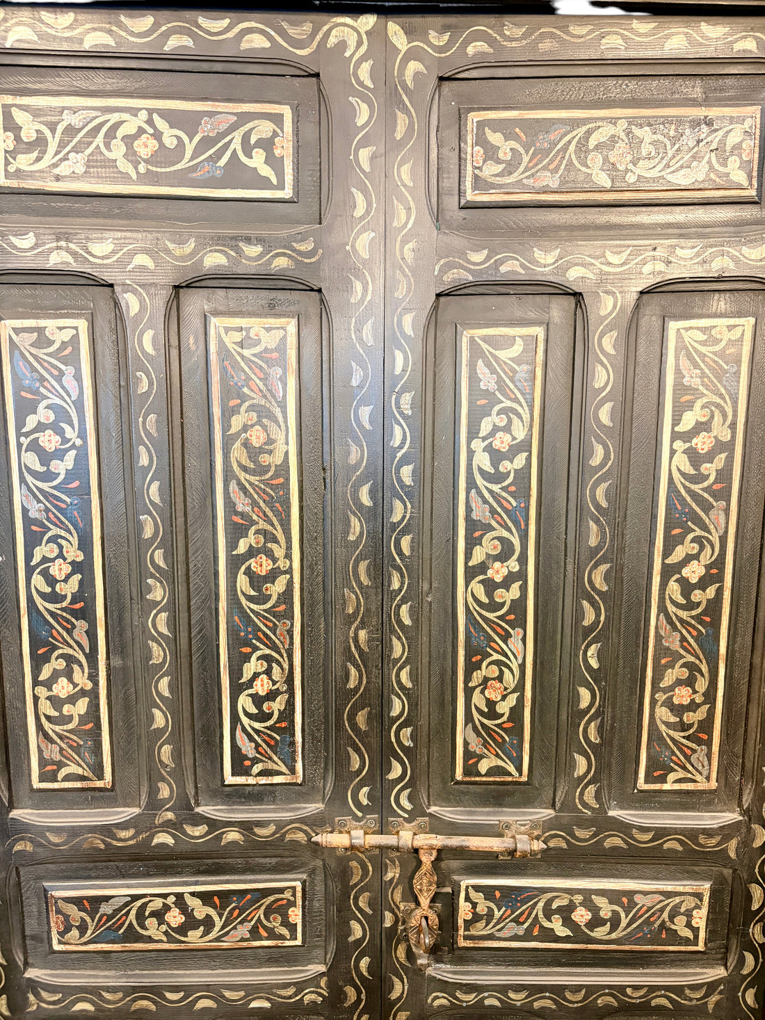 Antique Hand-Painted Moroccan Double Doors in Black with Floral Motifs