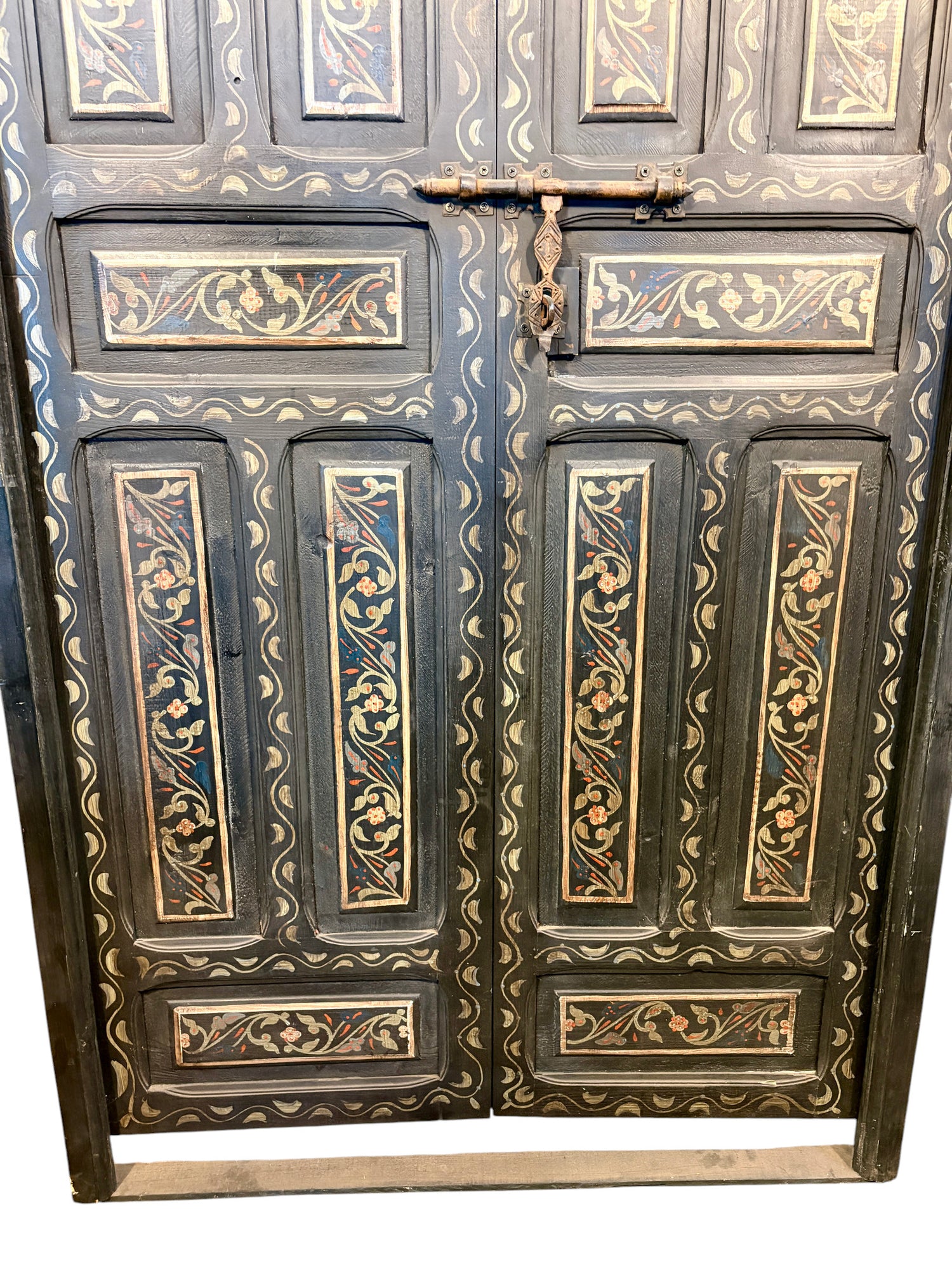 Antique Hand-Painted Moroccan Double Doors in Black with Floral Motifs