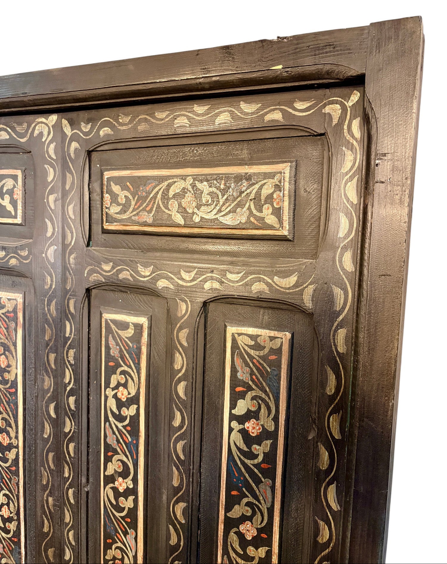 Antique Hand-Painted Moroccan Double Doors in Black with Floral Motifs