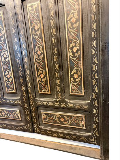 Antique Hand-Painted Moroccan Double Doors in Black with Floral Motifs