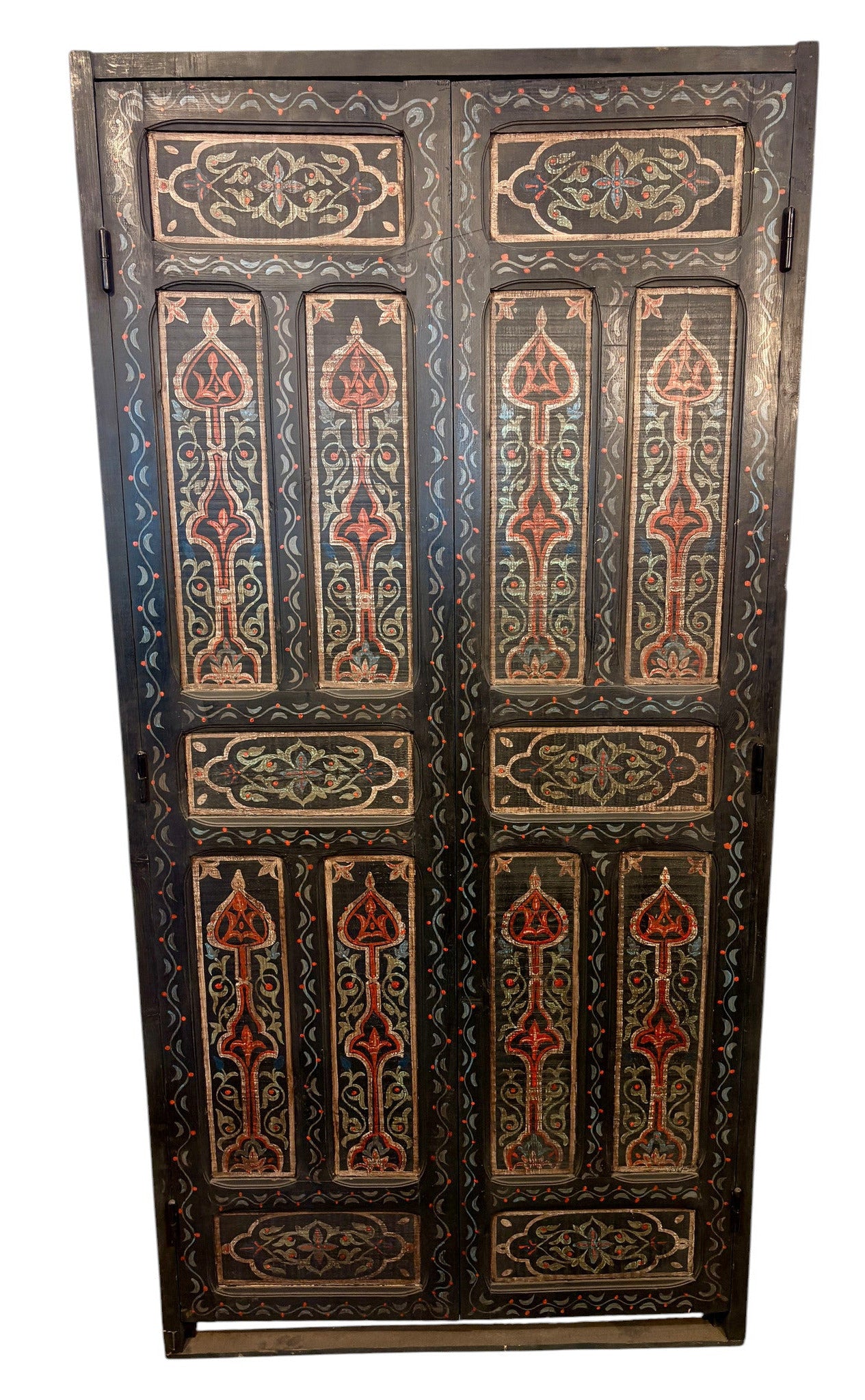 Antique Hand-Painted Moroccan Double Doors in Black with Floral Motifs