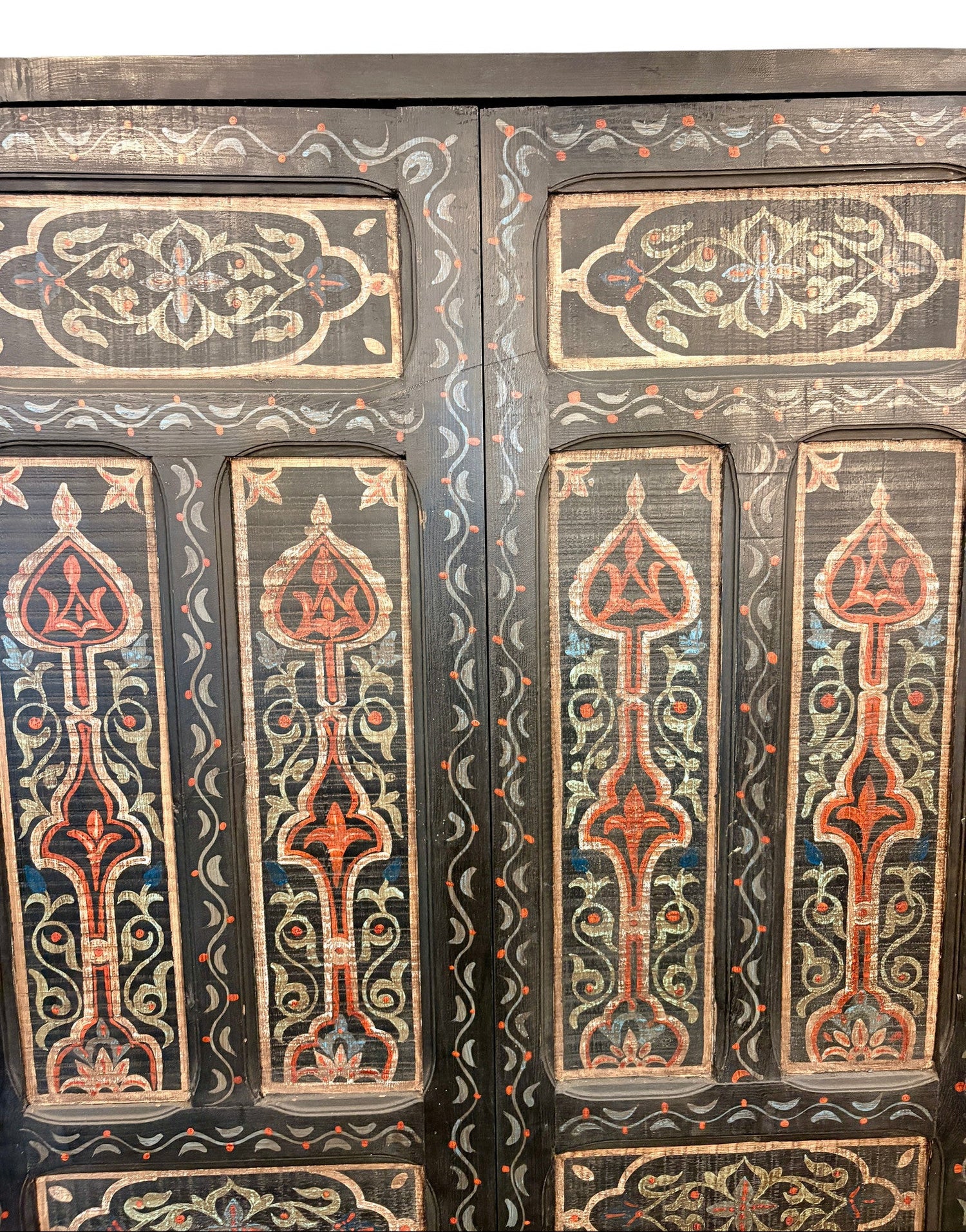 Antique Hand-Painted Moroccan Double Doors in Black with Floral Motifs