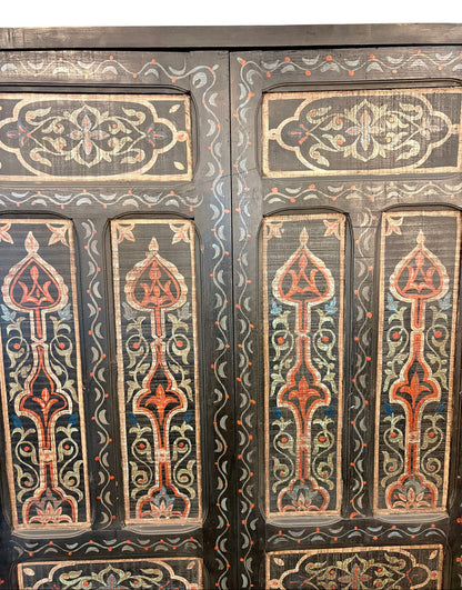 Antique Hand-Painted Moroccan Double Doors in Black with Floral Motifs