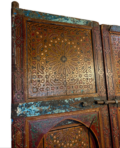 Antique Moroccan Riad Door with Twin Painted Mihrab Arches